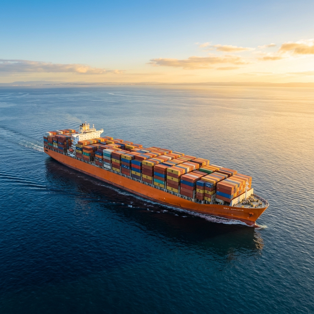 Massive container ship crossing ocean