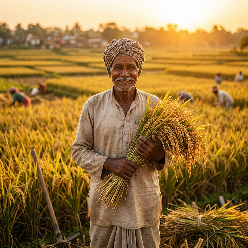 Dignified farmer harvesting rice