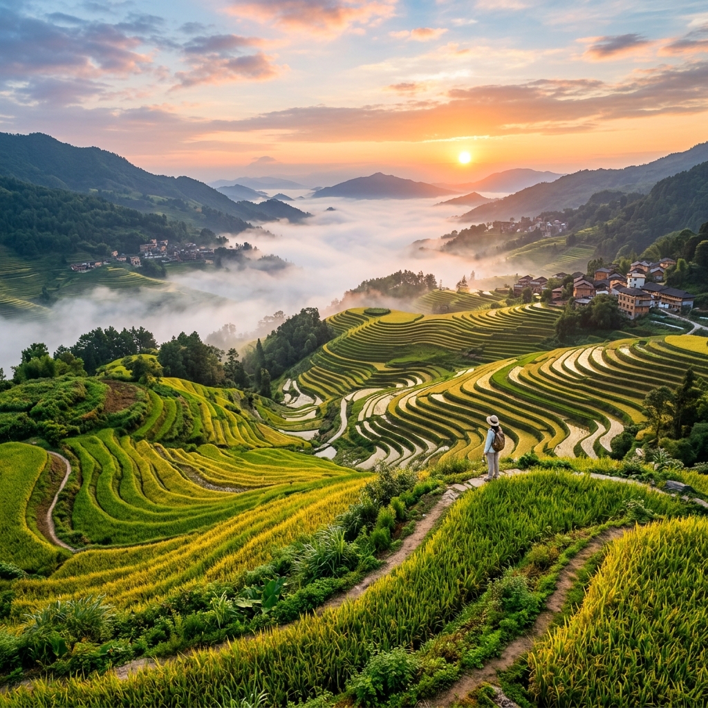 Vibrant rice fields at sunrise